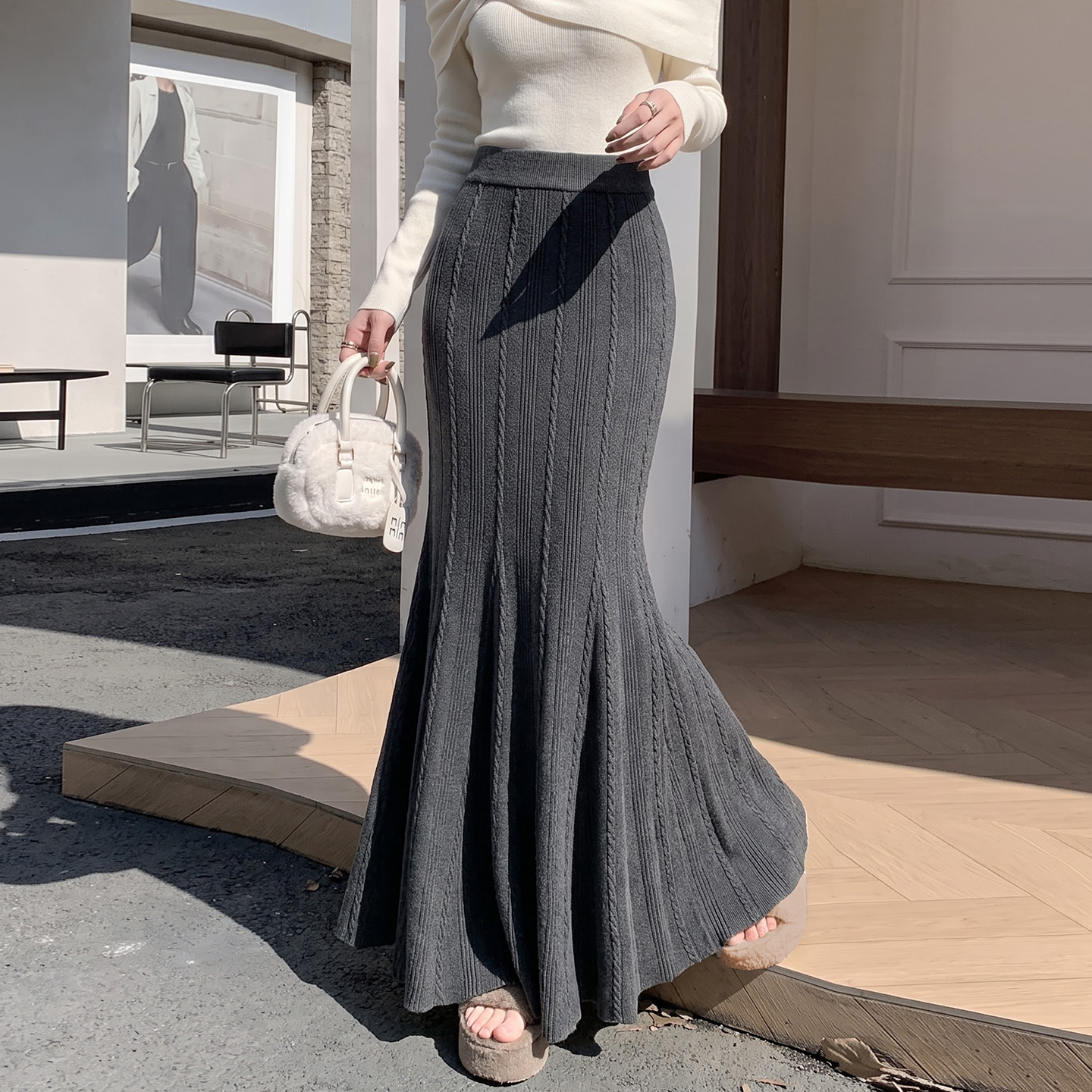Women's Ribbed Knit Bodycon Mermaid Long Skirt 2026 Autumn High Waist A-Line - Image 3