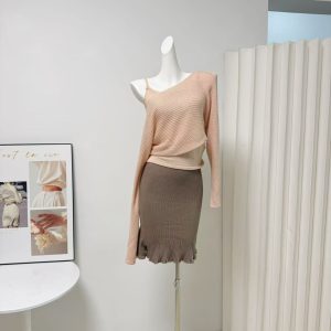 Korean Openwork Round Neck Off Shoulder Knit Top and Cami Vest Two Piece Set
