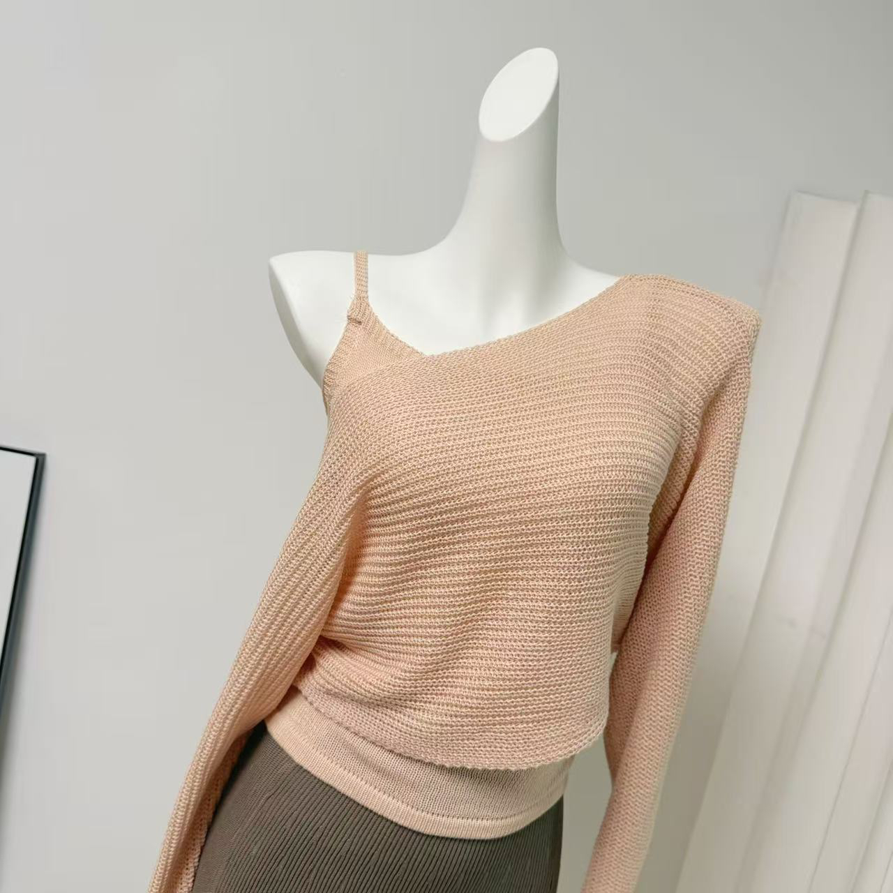 Korean Openwork Round Neck Off Shoulder Knit Top and Cami Vest Two Piece Set - Image 2