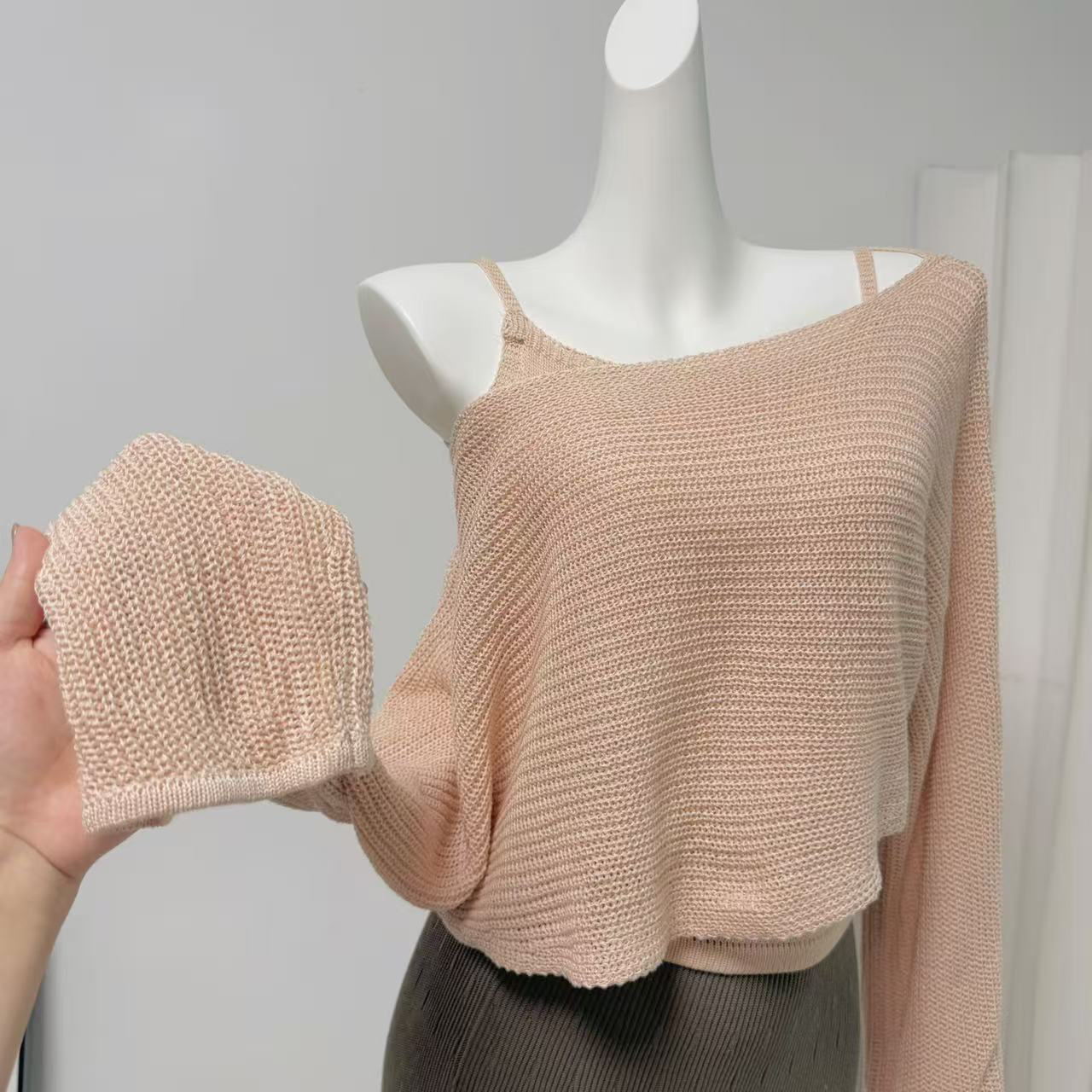 Korean Openwork Round Neck Off Shoulder Knit Top and Cami Vest Two Piece Set - Image 3