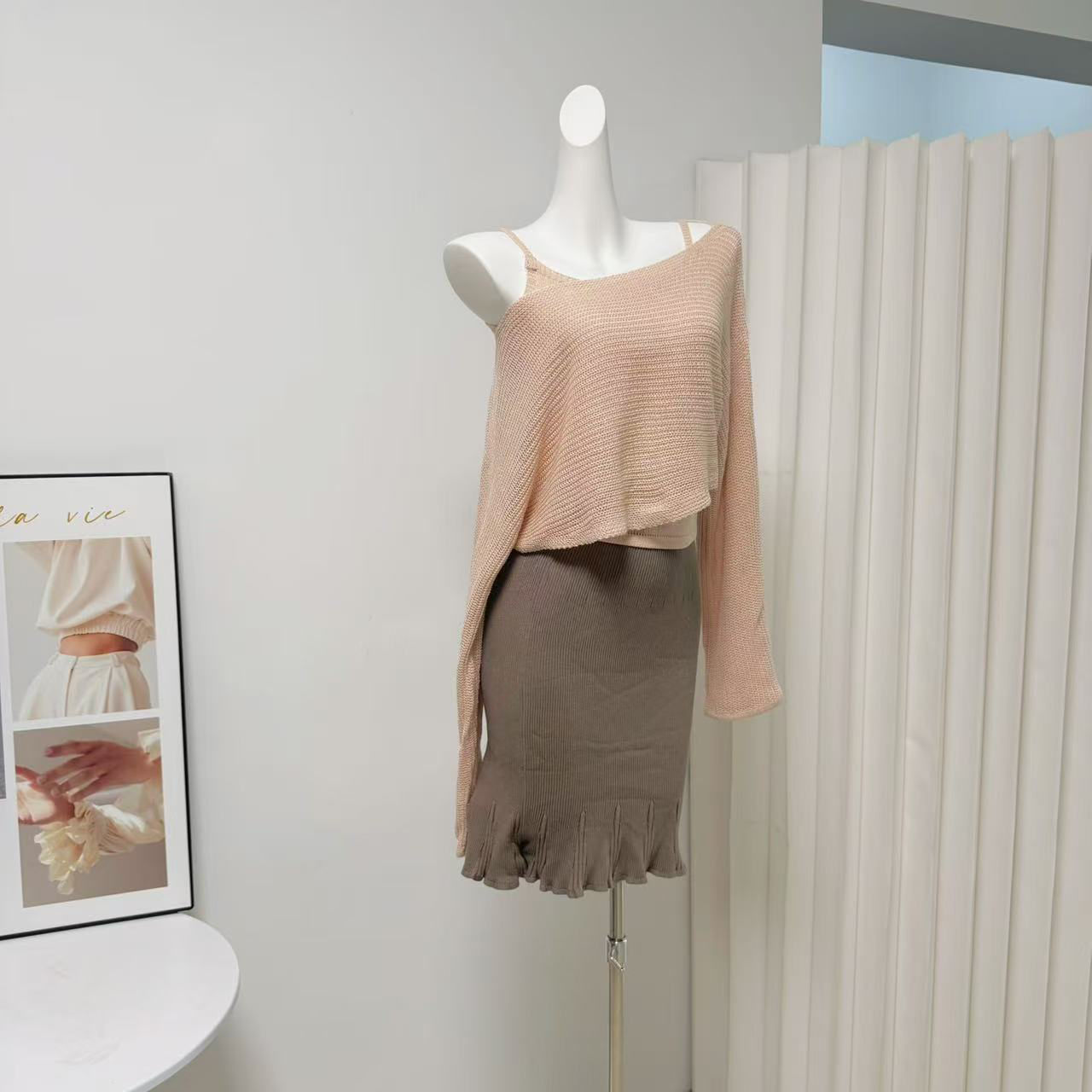 Korean Openwork Round Neck Off Shoulder Knit Top and Cami Vest Two Piece Set - Image 4