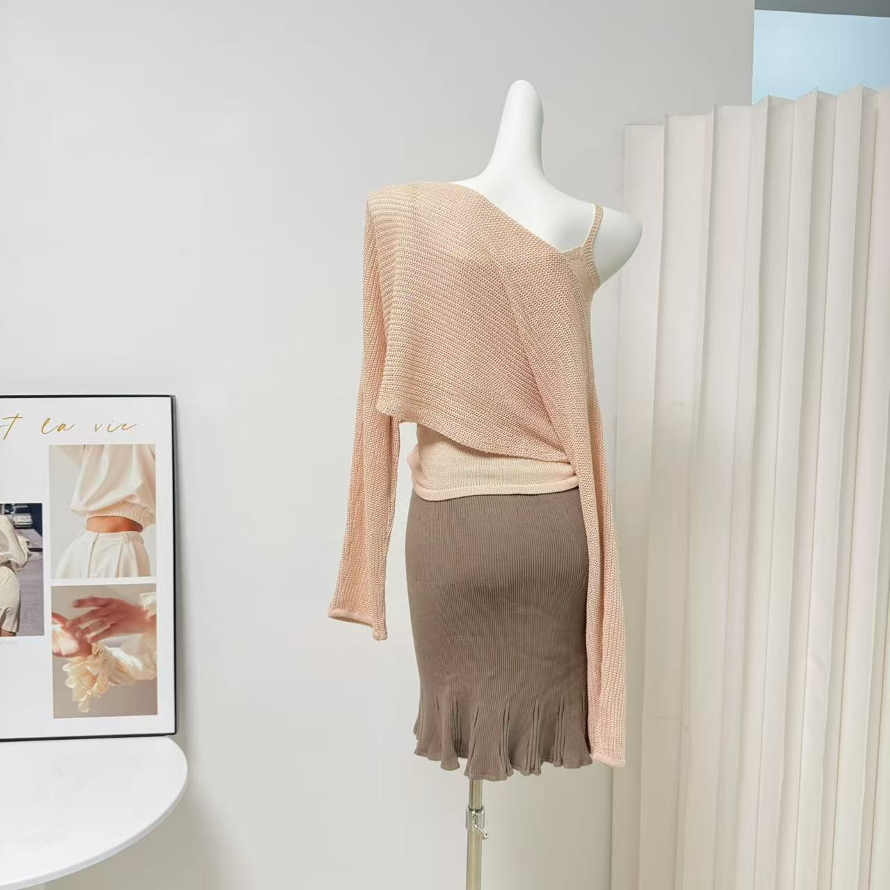 Korean Openwork Round Neck Off Shoulder Knit Top and Cami Vest Two Piece Set - Image 5