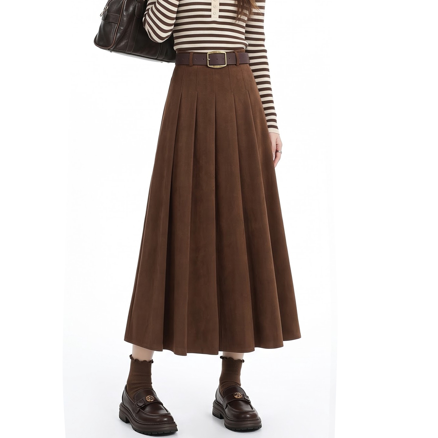 Sueded High-Waist Pleated Long Skirt for Women Korean Style A-Line Fall Winter