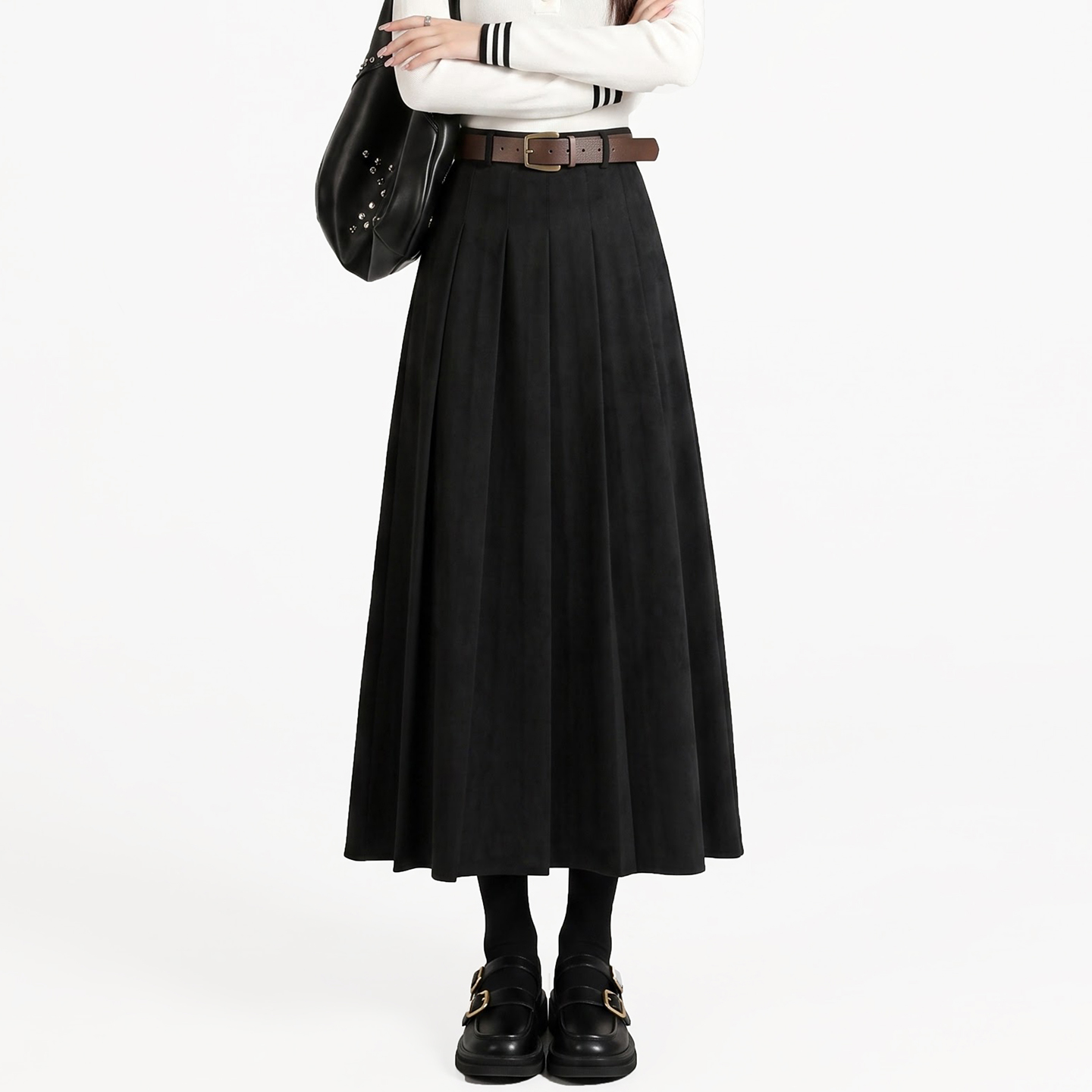 Sueded High-Waist Pleated Long Skirt for Women Korean Style A-Line Fall Winter - Image 2
