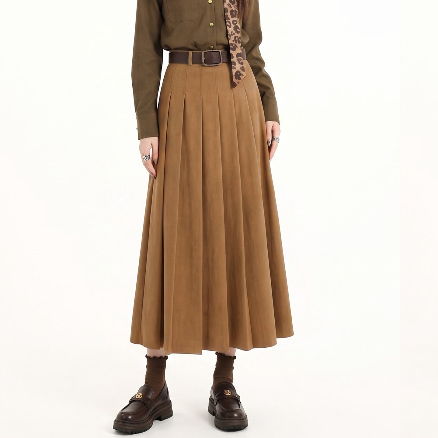 Sueded High-Waist Pleated Long Skirt for Women Korean Style A-Line Fall Winter - Image 3
