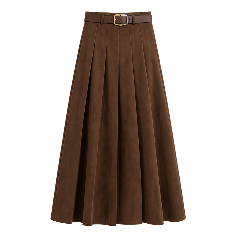 Sueded High-Waist Pleated Long Skirt for Women Korean Style A-Line Fall Winter - Image 5