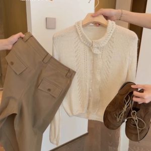 French Style White Openwork Crochet Long Sleeve Knit Cardigan for Women Early Autumn Loose Slimming Outer Layer Top