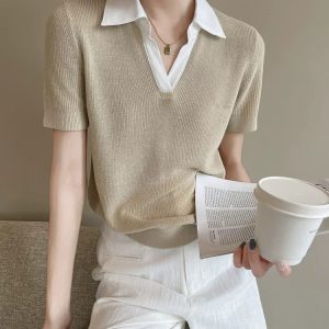 Old Money Style Khaki Polo Collar Knit Short Sleeve T-Shirt for Women Summer French Style Shoulder Padded Turn-Down Collar Color Block Casual Top