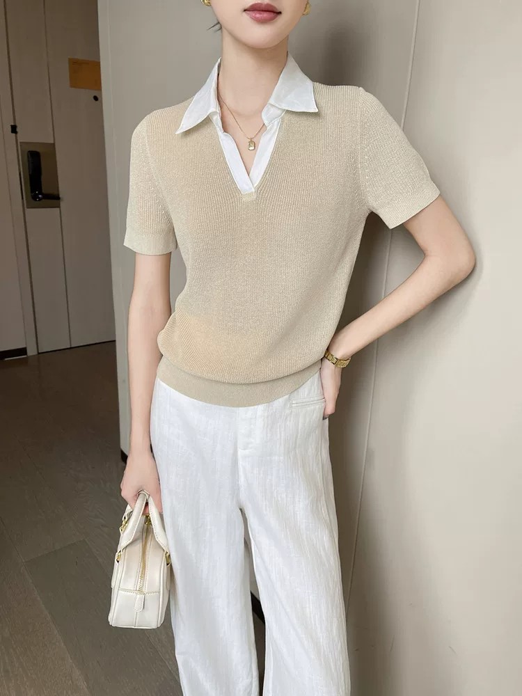 Old Money Style Khaki Polo Collar Knit Short Sleeve T-Shirt for Women Summer French Style Shoulder Padded Turn-Down Collar Color Block Casual Top - Image 2