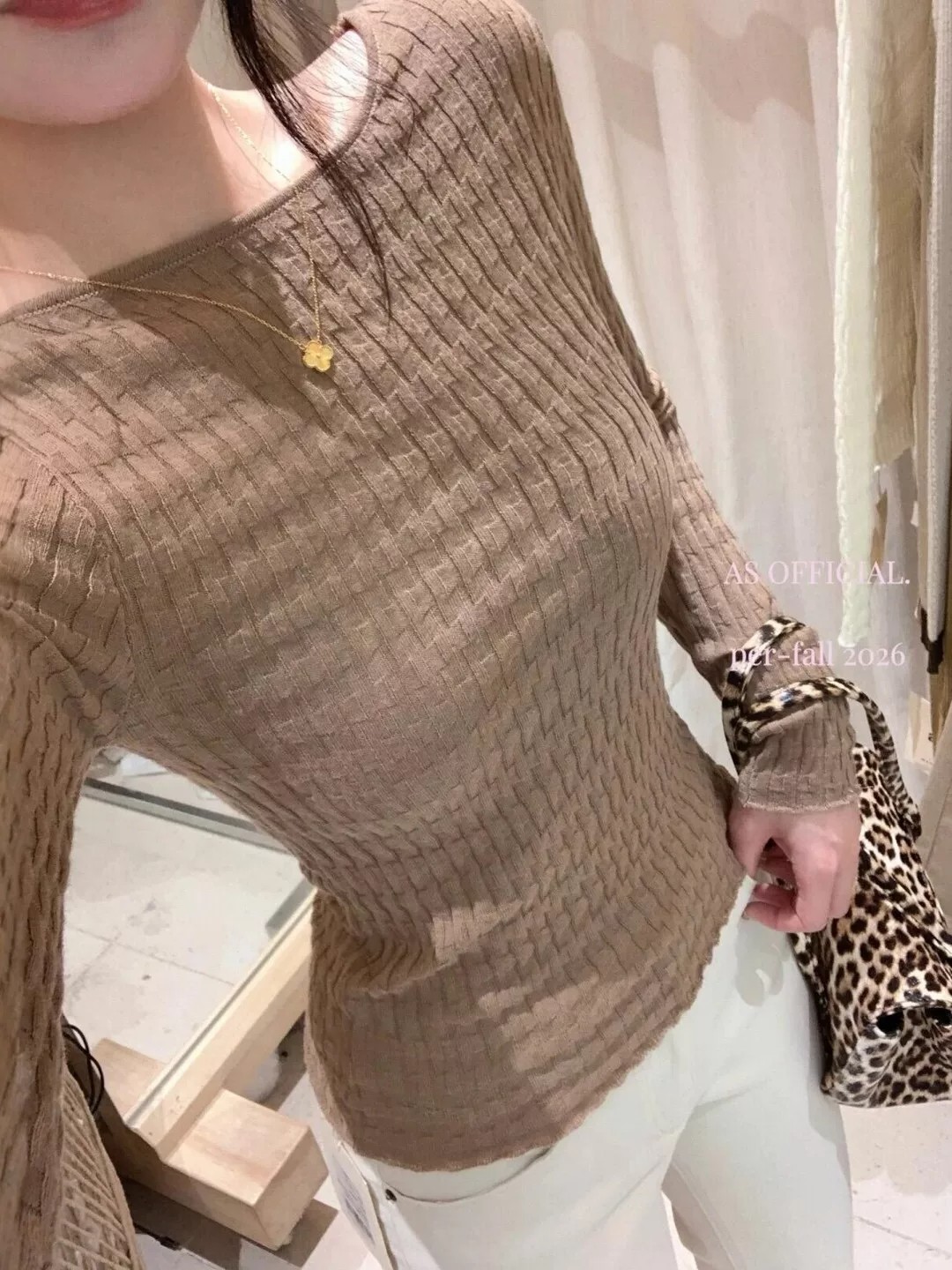 Women's Coffee Brown Crew Neck Long Sleeve Knit Sweater Retro Slimming Cropped Top - Image 3