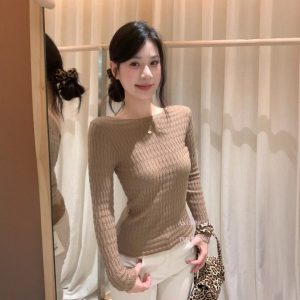 Women's Coffee Brown Crew Neck Long Sleeve Knit Sweater Retro Slimming Cropped Top