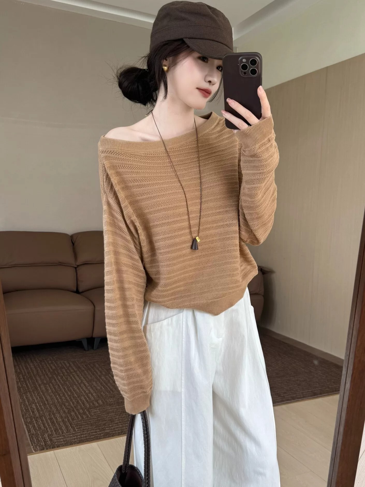 Lazy Off-Shoulder Hollow Knit Sweater for Women Batwing Sleeve Slimming Pullover Niche Loose Top - Image 2