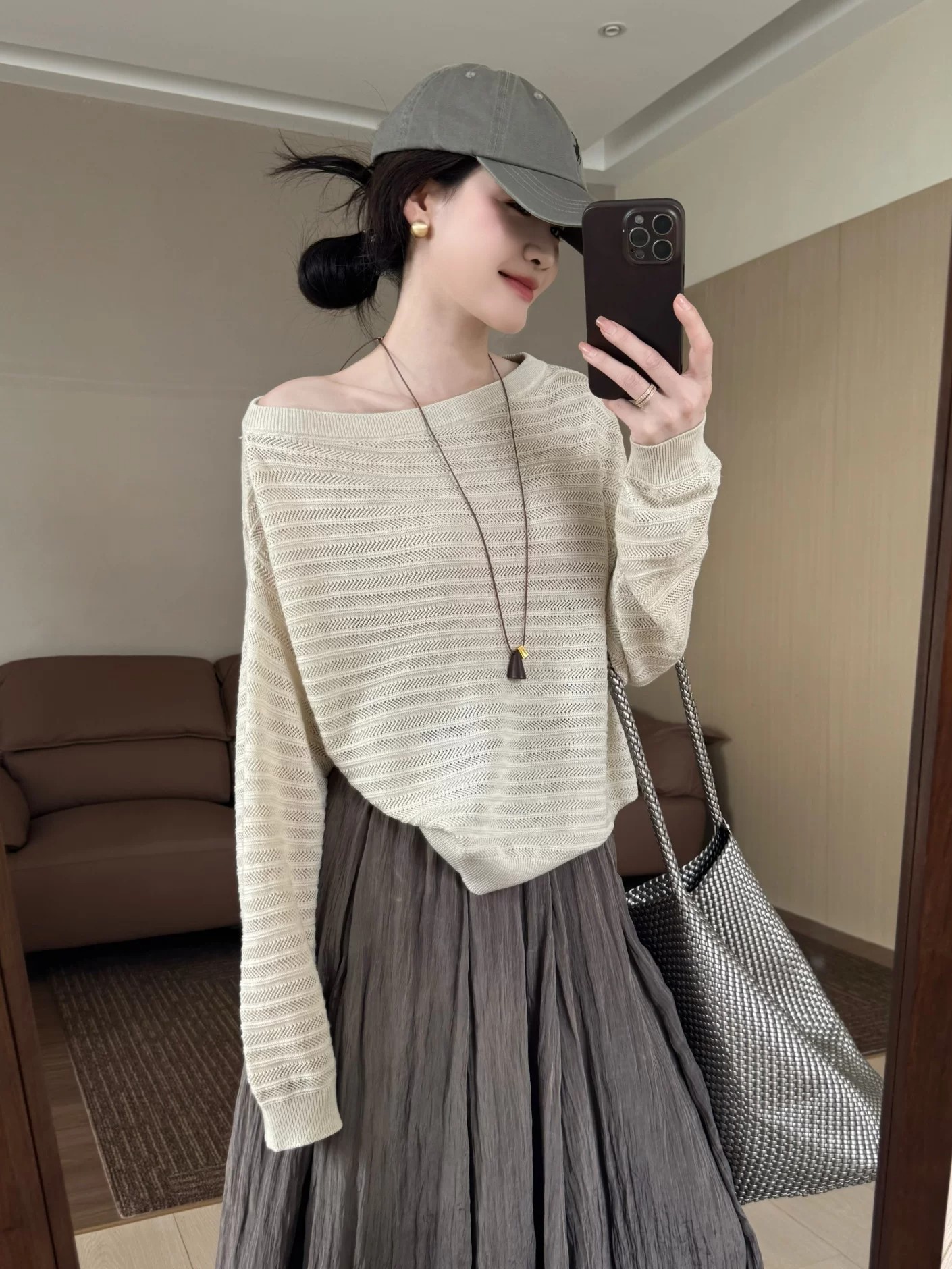 Lazy Off-Shoulder Hollow Knit Sweater for Women Batwing Sleeve Slimming Pullover Niche Loose Top