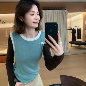 Color Block Knit Sweater 2026 Fall Long Sleeve Pullover Casual Top for Women