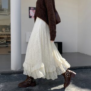 Women's Layered Lace Lining Skirt Beige High Waist Flared Long Skirt for Fall Winter