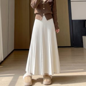 High Waist Knit Pleated A-Line Midi Skirt for Women