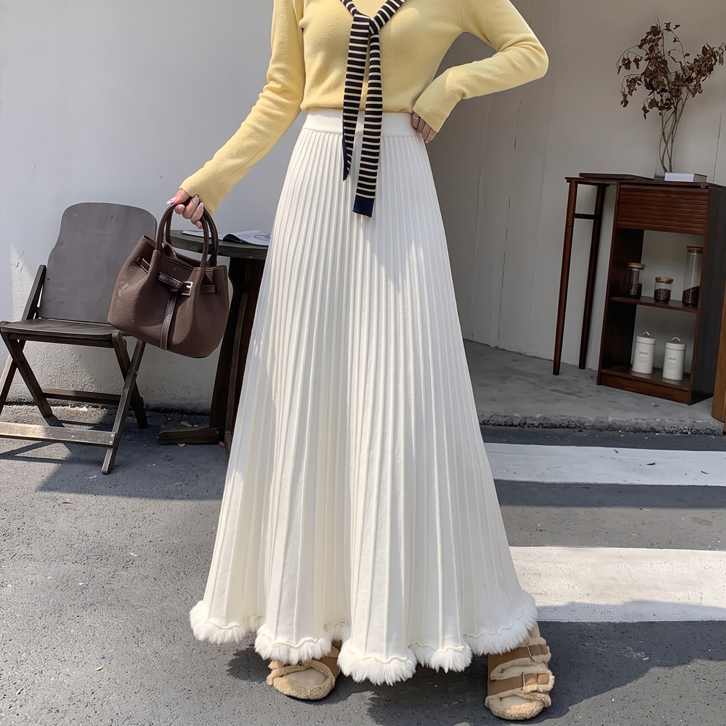 Off-White Knit A-Line Maxi Skirt for Women Autumn Winter 2026 Draped Fringe Pleated Flared Skirt