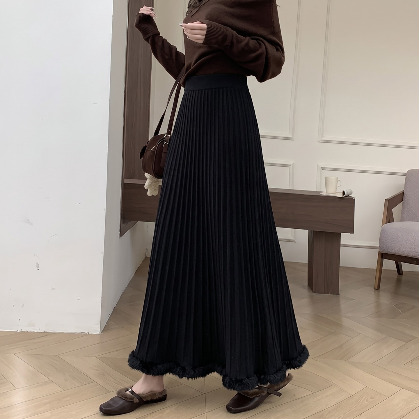 Off-White Knit A-Line Maxi Skirt for Women Autumn Winter 2026 Draped Fringe Pleated Flared Skirt - Image 4