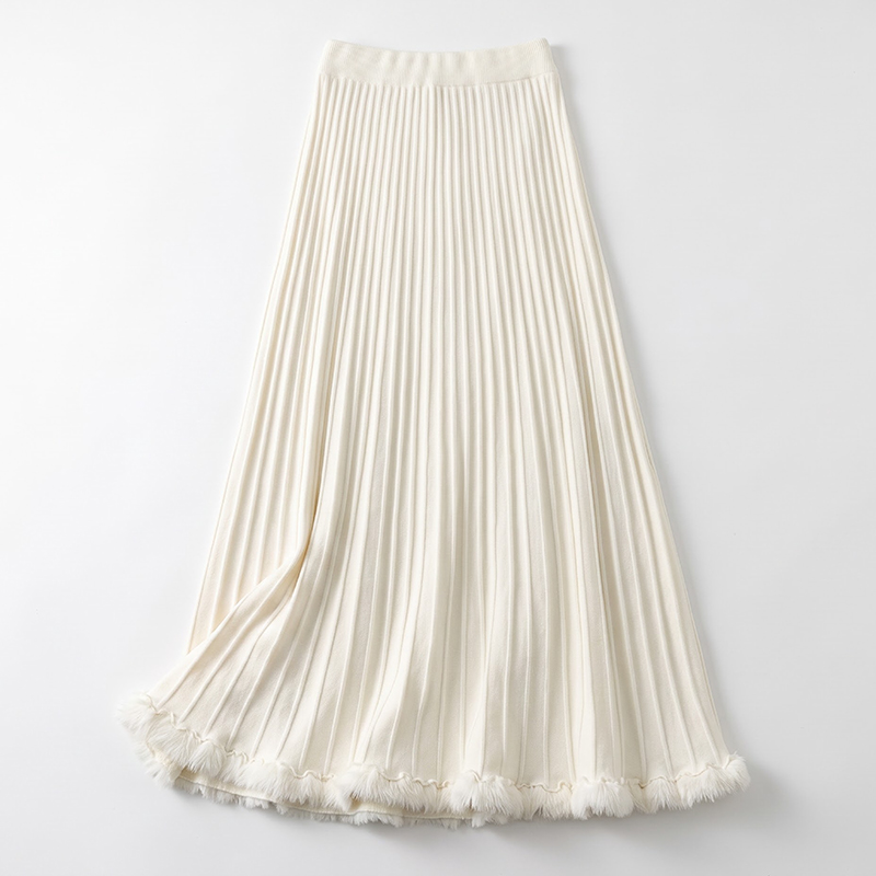 Off-White Knit A-Line Maxi Skirt for Women Autumn Winter 2026 Draped Fringe Pleated Flared Skirt - Image 5