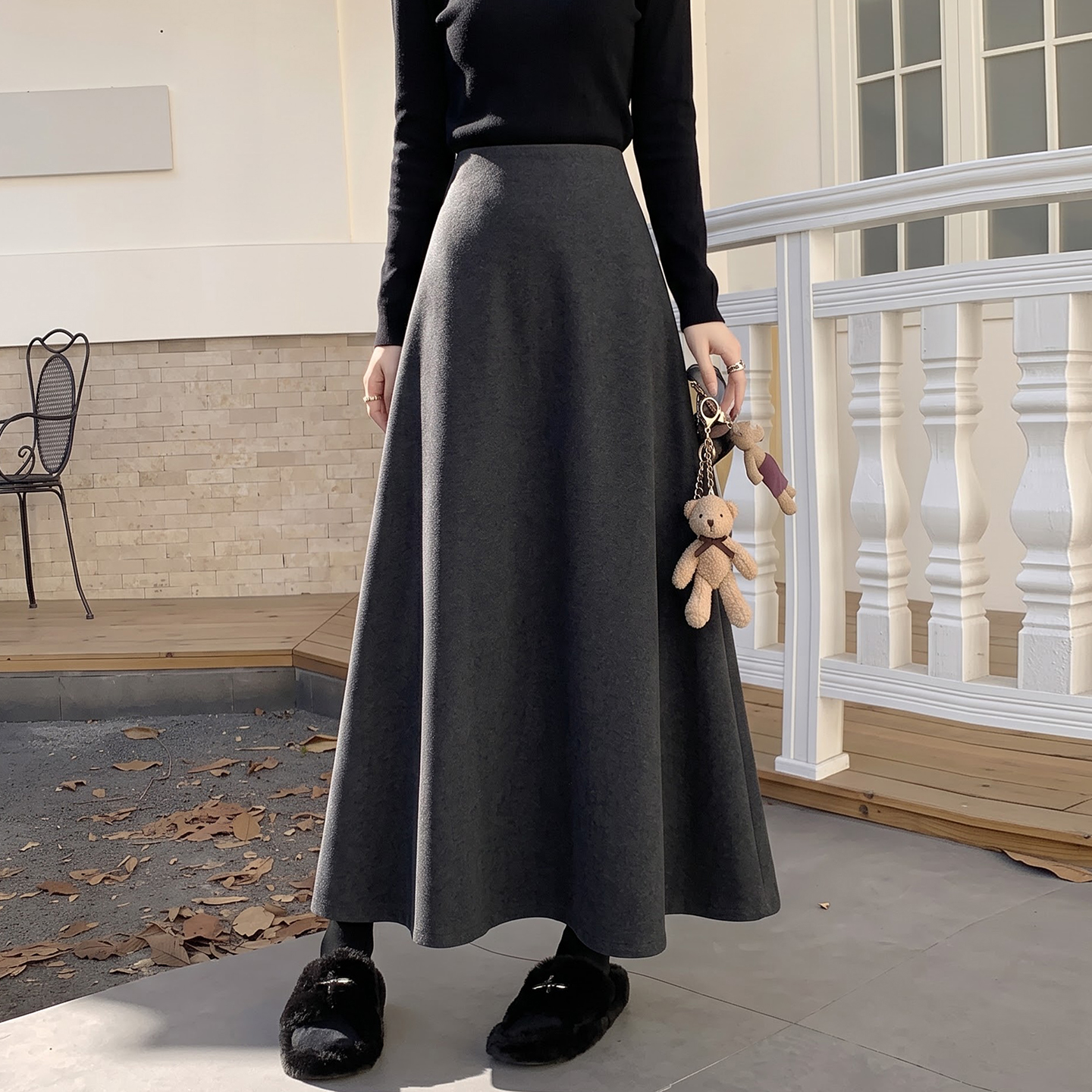 Thick Woolen A-Line High Waist Flared Long Skirt for Women Autumn 2026