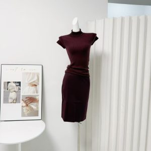 Women's High Neck Wool Short Sleeve Knit Top and Lyocell Skirt Slimming Set