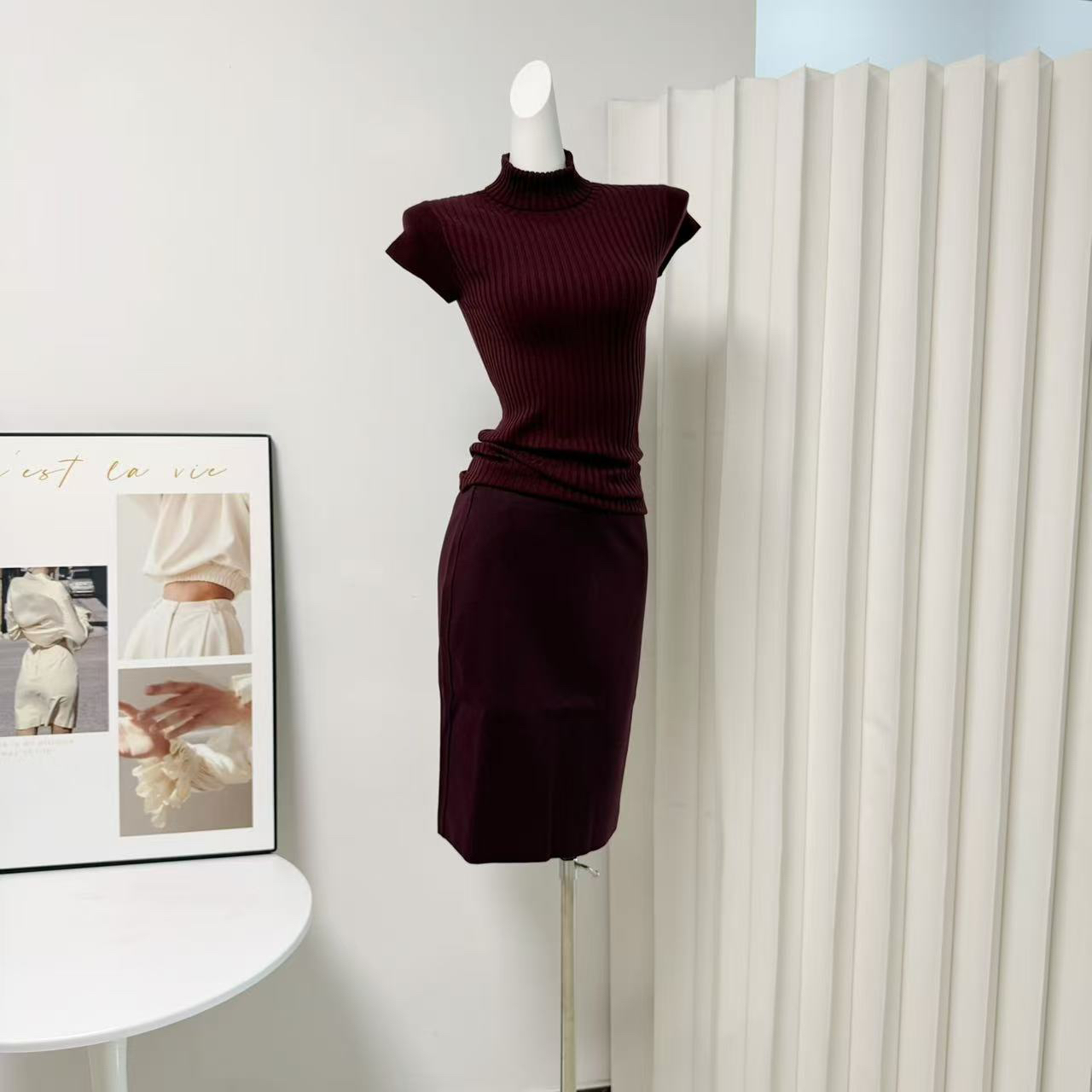 Women's High Neck Wool Short Sleeve Knit Top and Lyocell Skirt Slimming Set - Image 2