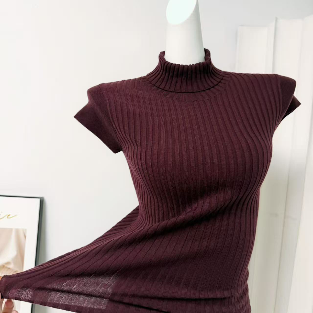 Women's High Neck Wool Short Sleeve Knit Top and Lyocell Skirt Slimming Set - Image 3