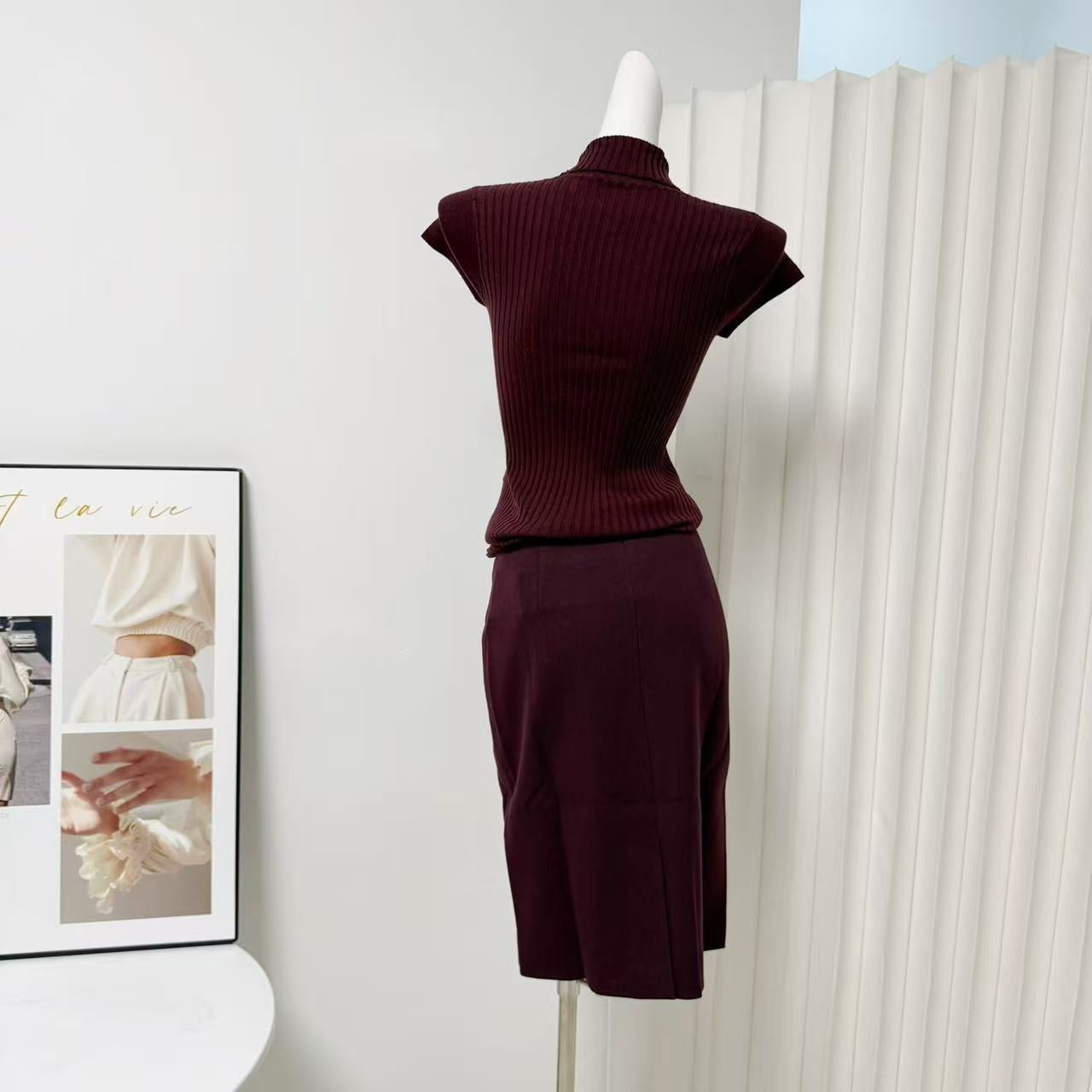 Women's High Neck Wool Short Sleeve Knit Top and Lyocell Skirt Slimming Set - Image 5